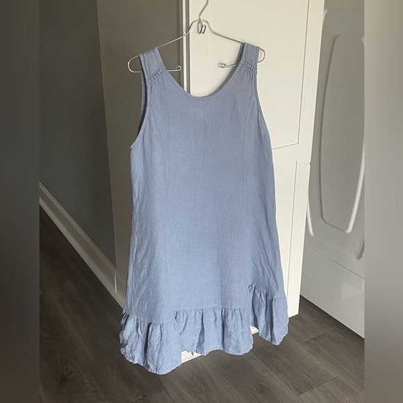 Terzo Millennio Blue Linen Sleeveless Tie Back Ruffles Dress Women’s Medium - Picture 2 of 11